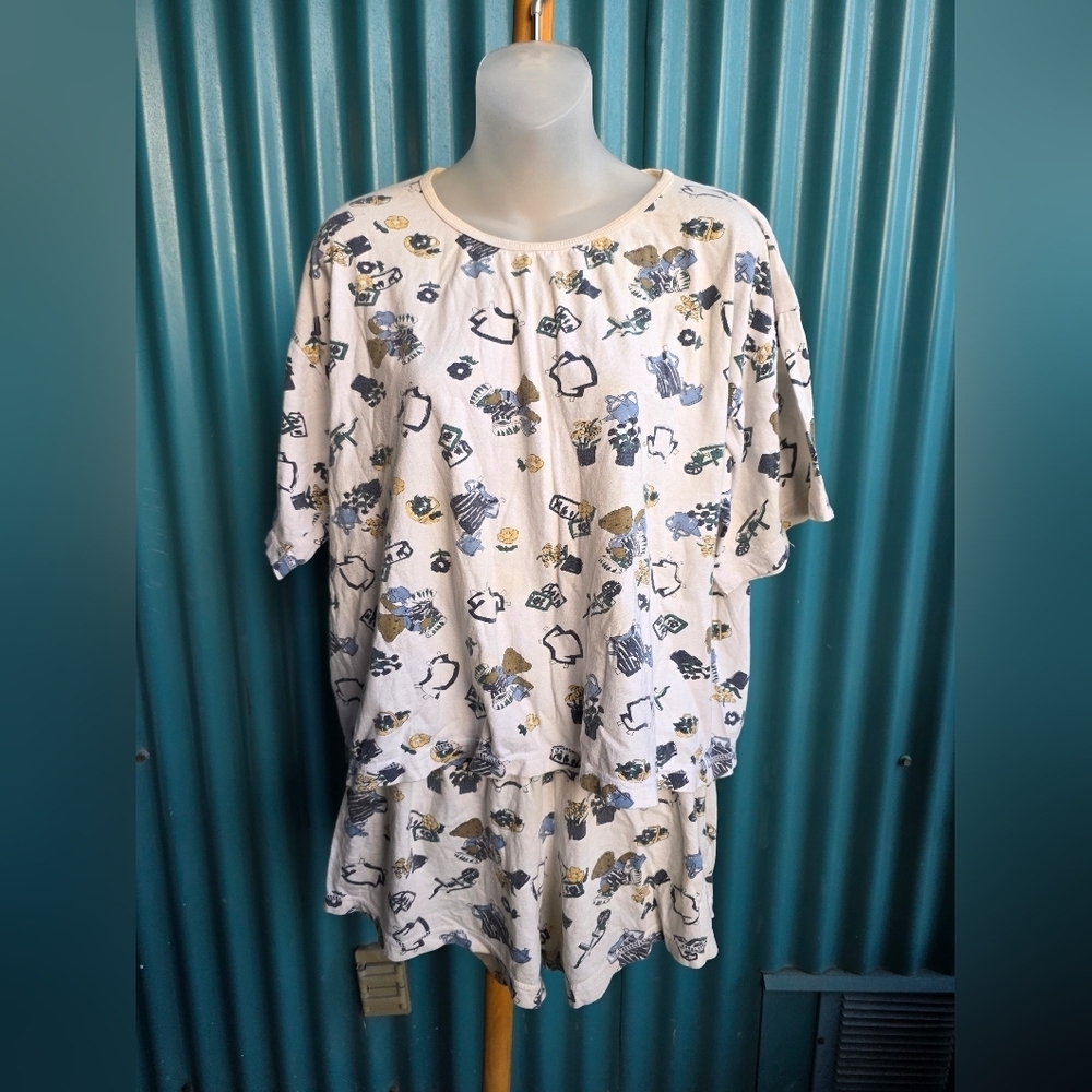 Teddy Bear Patterned White and Blue Two-Piece Set Pajamas Medium